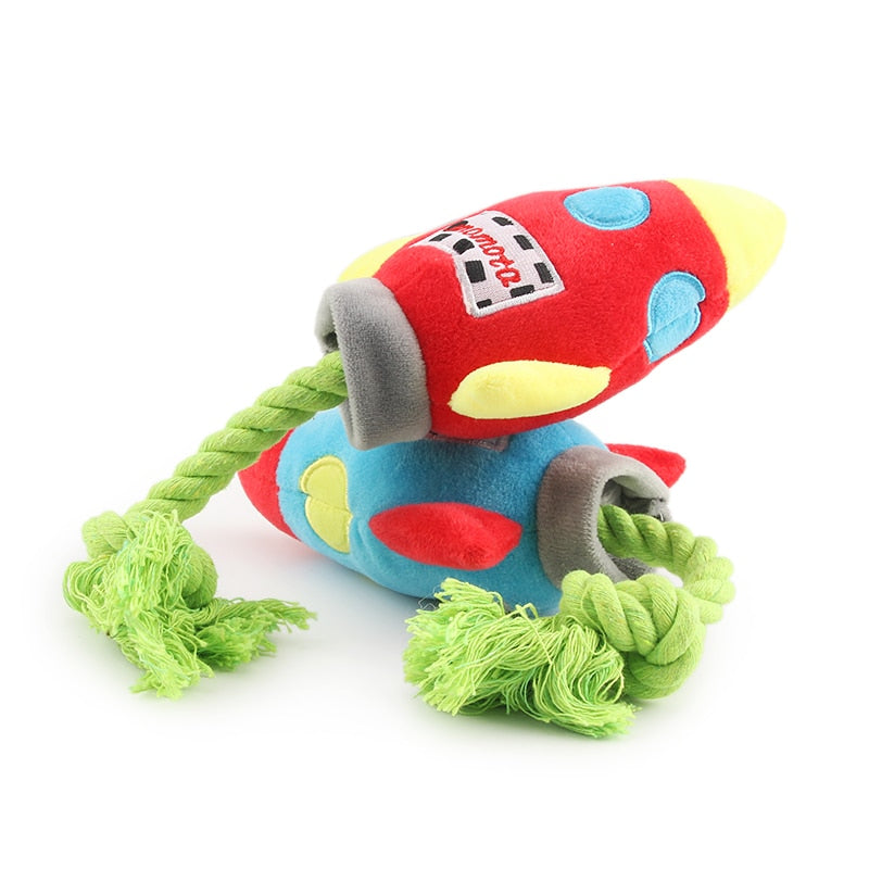Colorful Rockets Dog Toy Cartoon BB Plush Pet Toys Rocket Chew Dogs Rope Squeak Toys